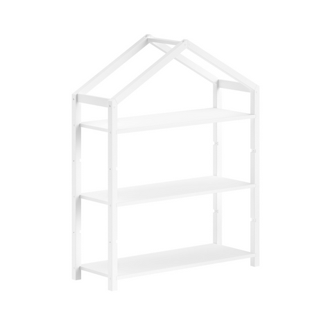 The Dallas Kids Bookcase in White Scandinavian pine features a spacious bookshelf perfect for kids toys and accessories with a playful house shaped design