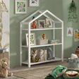The Dallas Kids Bookcase in White Scandinavian pine features a spacious bookshelf perfect for kids toys and accessories with a playful house shaped design