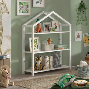 The Dallas Kids Bookcase in White Scandinavian pine features a spacious bookshelf perfect for kids toys and accessories with a playful house shaped design
