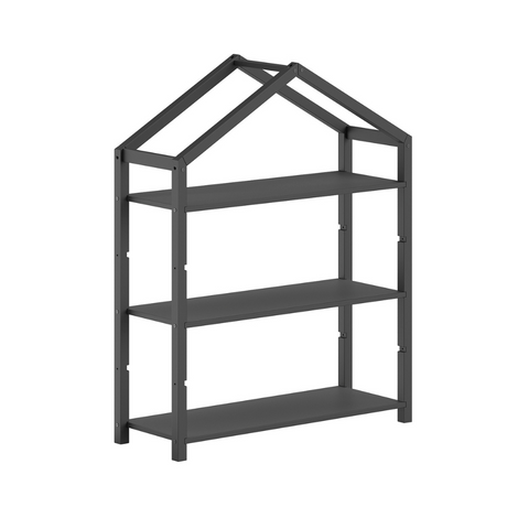 The Dallas Kids Bookcase in Anthracite Scandinavian pine features a spacious bookshelf for kids toys and accessories with a playful house shaped design