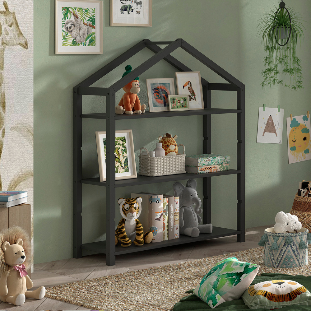 The Dallas Kids Bookcase in Anthracite Scandinavian pine features a spacious bookshelf for kids toys and accessories with a playful house shaped design