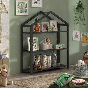 The Dallas Kids Bookcase in Anthracite Scandinavian pine features a spacious bookshelf for kids toys and accessories with a playful house shaped design