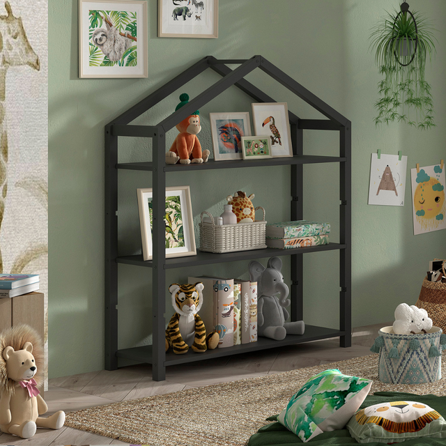 The Dallas Kids Bookcase in Anthracite Scandinavian pine features a spacious bookshelf for kids toys and accessories with a playful house shaped design