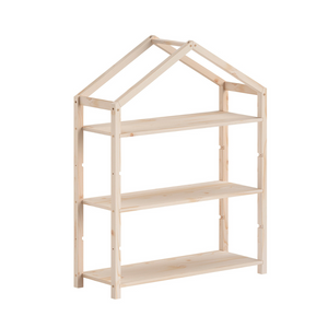 The Dallas Kids Bookcase in Natural Scandinavian pine features a playful house shaped design, spacious bookshelf perfect for kids toys and accessories