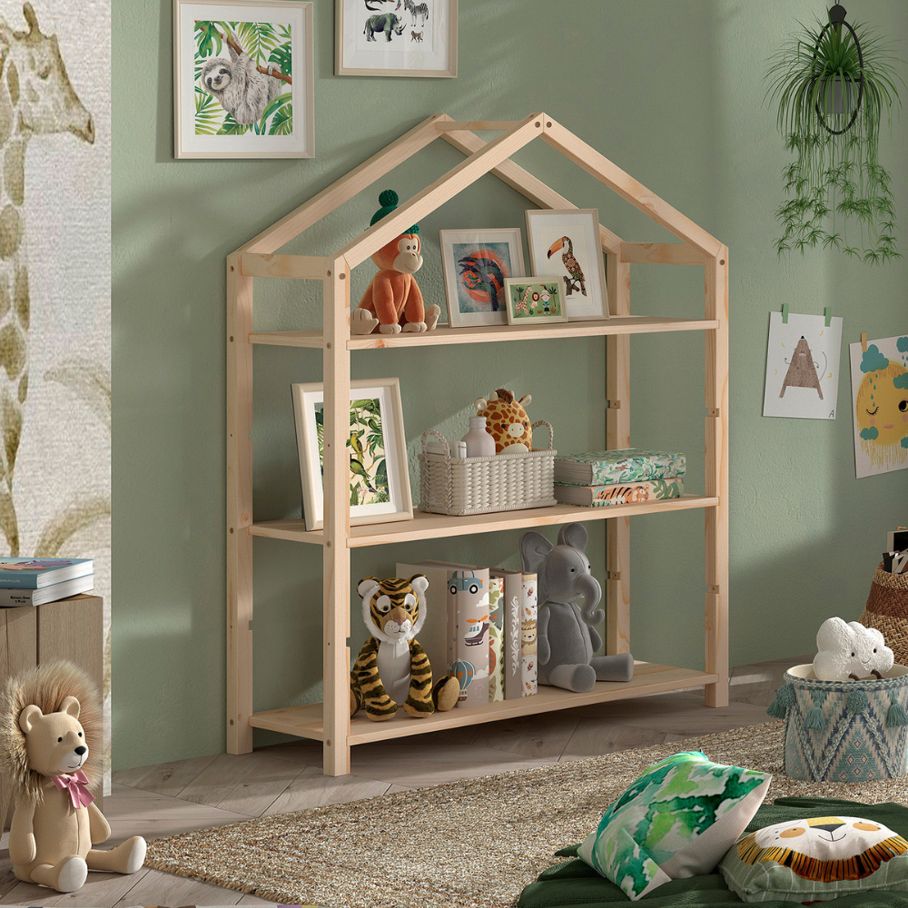 The Dallas Kids Bookcase in Natural Scandinavian pine features a playful house shaped design, spacious bookshelf perfect for kids toys and accessories