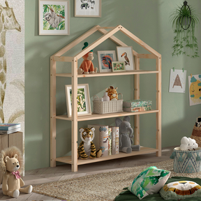 The Dallas Kids Bookcase in Natural Scandinavian pine features a playful house shaped design, spacious bookshelf perfect for kids toys and accessories