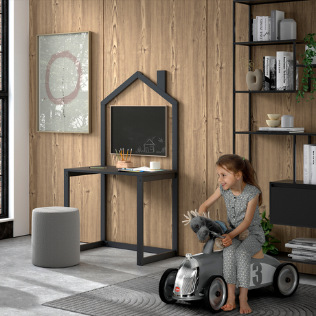 The Dallas Kids Desk in Anthracite features a playful house shaped design, charming roof & Scandinavian pine, an ideal desk for drawing, playing & studying
