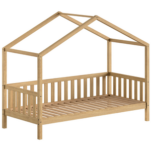 The Dallas Kids House Bed 90 x 200cm in Oak with a playful roof & safety rail, this sturdy children's bed provides a cozy design & fall protection