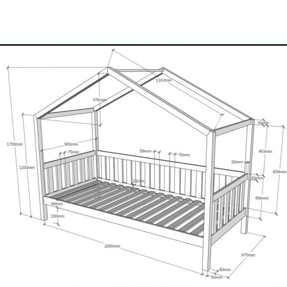 The Dallas Kids House Bed 90 x 200cm in Oak with a playful roof & safety rail, this sturdy children's bed provides a cozy design & fall protection