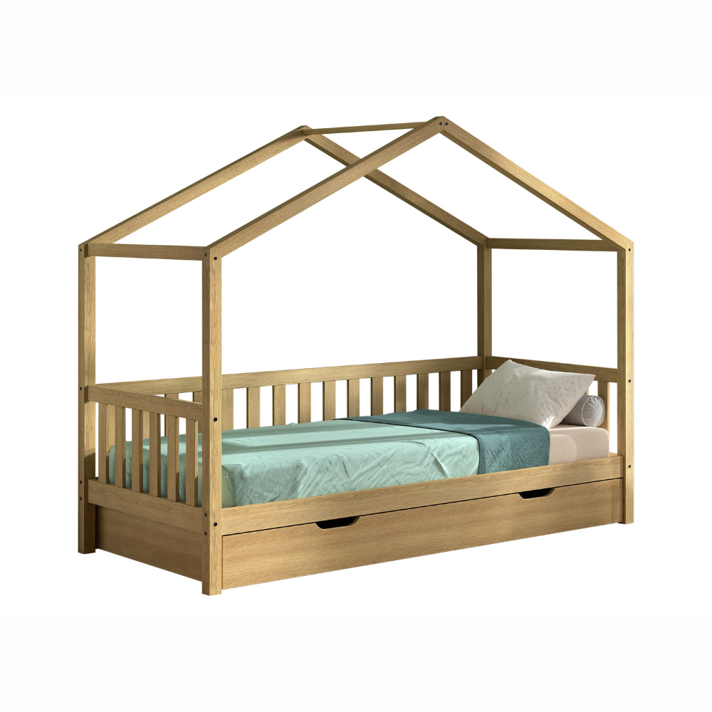 The Dallas Kids House Bed & Drawer 90 x 200cm in Oak with a rail, roof design & pull out drawer, a sturdy children's bed with storage space in natural oak