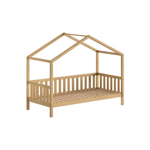 The Dallas Kids House Bed & Drawer 90 x 200cm in Oak with a rail, roof design & pull out drawer, a sturdy children's bed with storage space in natural oak