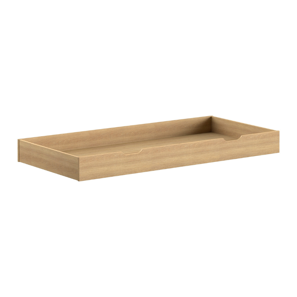 The Dallas Kids House Bed & Drawer 90 x 200cm in Oak with a rail, roof design & pull out drawer, a sturdy children's bed with storage space in natural oak