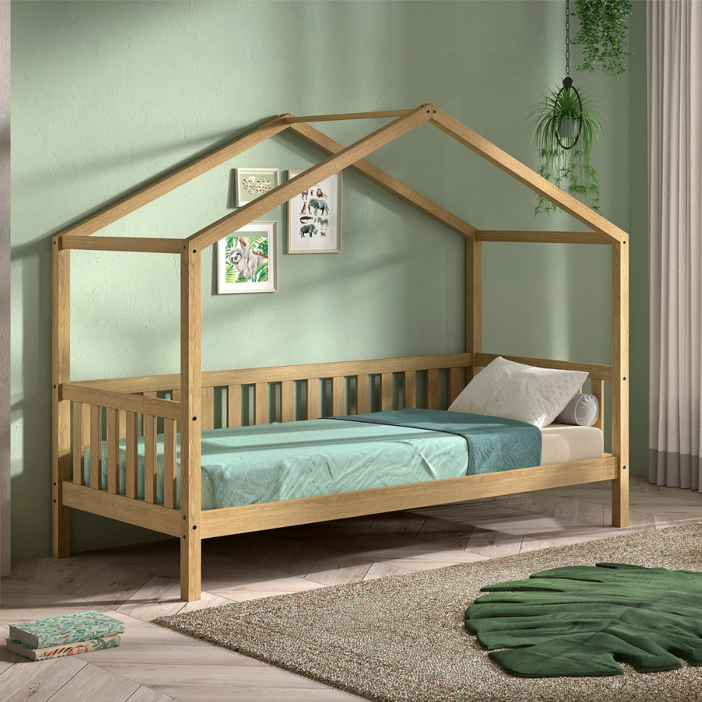 The Dallas Kids House Bed & Drawer 90 x 200cm in Oak with a rail, roof design & pull out drawer, a sturdy children's bed with storage space in natural oak