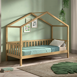 The Dallas Kids House Bed & Drawer 90 x 200cm in Oak with a rail, roof design & pull out drawer, a sturdy children's bed with storage space in natural oak