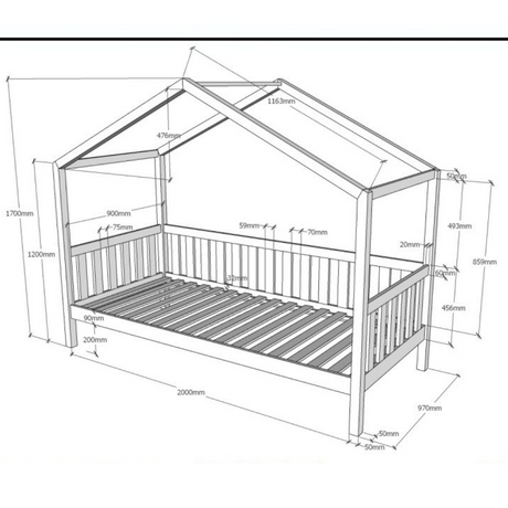 The Dallas Kids House Bed & Drawer 90 x 200cm in Oak with a rail, roof design & pull out drawer, a sturdy children's bed with storage space in natural oak