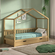 The Dallas Kids House Bed & Drawer 90 x 200cm in Oak with a rail, roof design & pull out drawer, a sturdy children's bed with storage space in natural oak