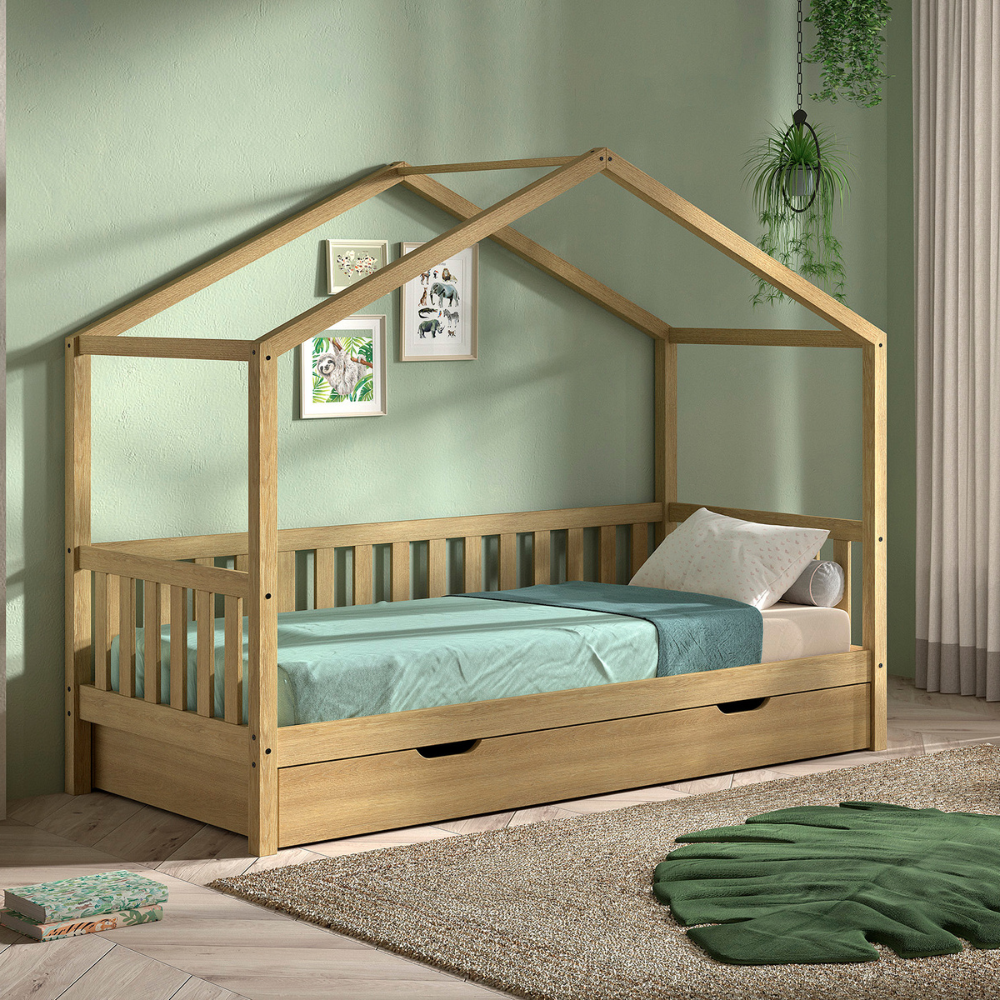The Dallas Kids House Bed & Drawer 90 x 200cm in Oak with a rail, roof design & pull out drawer, a sturdy children's bed with storage space in natural oak