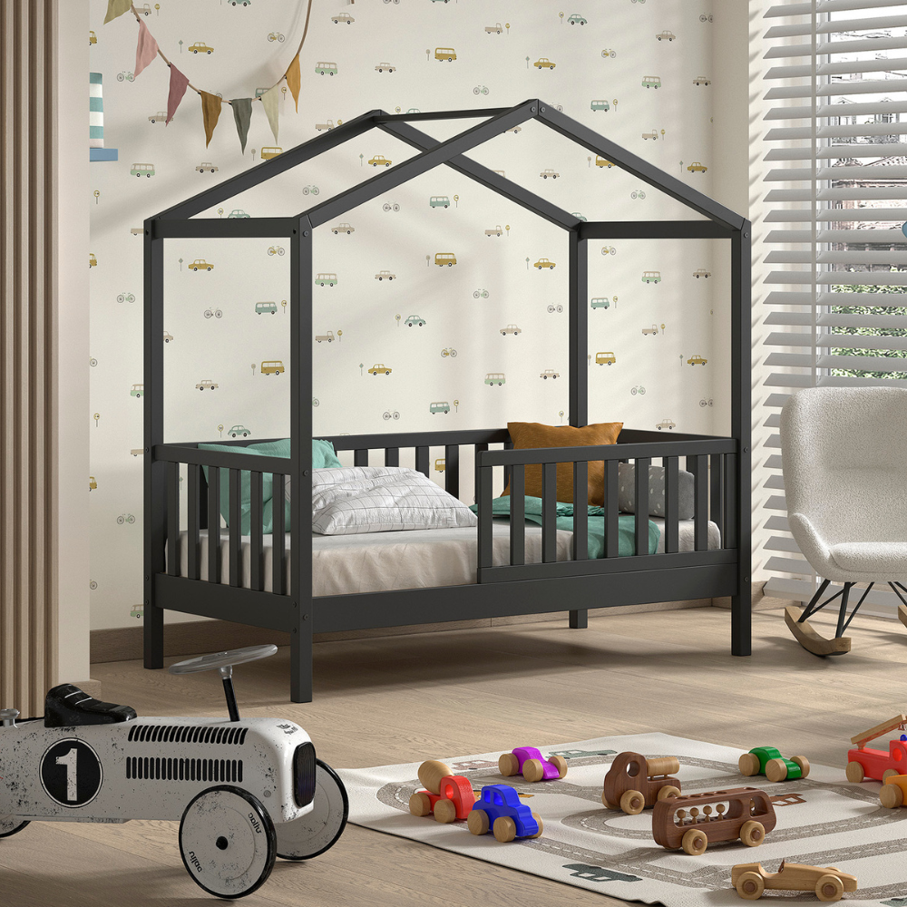 The Dallas Toddler House Bed 70 x 140cm in Anthracite offers Scandinavian pine with roof & rails, a safe children's bed perfect for transition from a crib