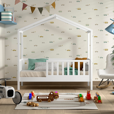 The Dallas Toddler House Bed 70 x 140cm in White offers Scandinavian pine with roof & rails, a safe children's bed perfect for transition from a crib