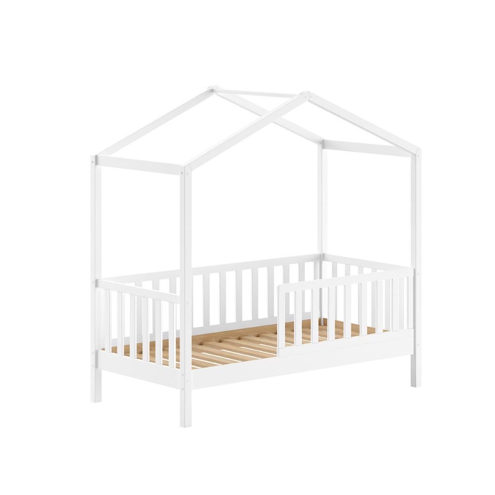 The Dallas Toddler House Bed 70 x 140cm in White offers Scandinavian pine with roof & rails, a safe children's bed perfect for transition from a crib