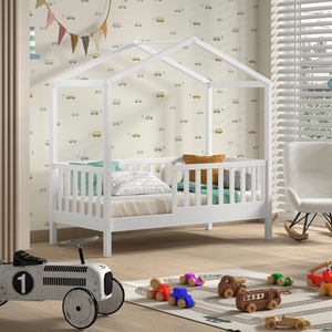 The Dallas Toddler House Bed 70 x 140cm in White offers Scandinavian pine with roof & rails, a safe children's bed perfect for transition from a crib