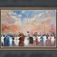 With a gold & black frame for stylish coastal charm, Dawn Harbour hand-painted art (100x150 cm) depicts a calm marina scene with warm hues & rich textures.