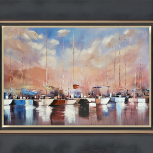 With a gold & black frame for stylish coastal charm, Dawn Harbour hand-painted art (100x150 cm) depicts a calm marina scene with warm hues & rich textures.