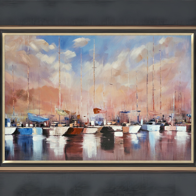 With a gold & black frame for stylish coastal charm, Dawn Harbour hand-painted art (100x150 cm) depicts a calm marina scene with warm hues & rich textures.