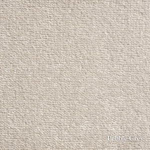 Textured fabric swatch in pebble grey color with 'Pebble Grey' label.