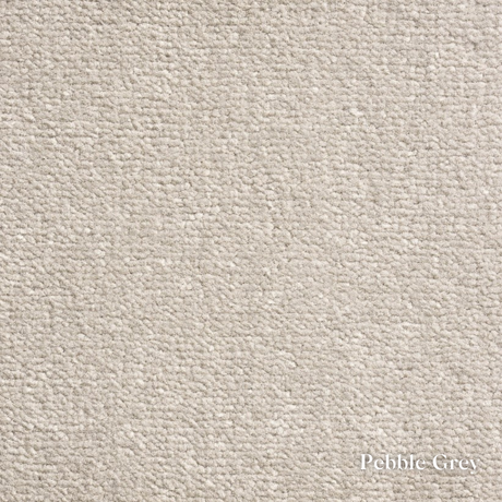 Textured fabric swatch in pebble grey color with 'Pebble Grey' label.