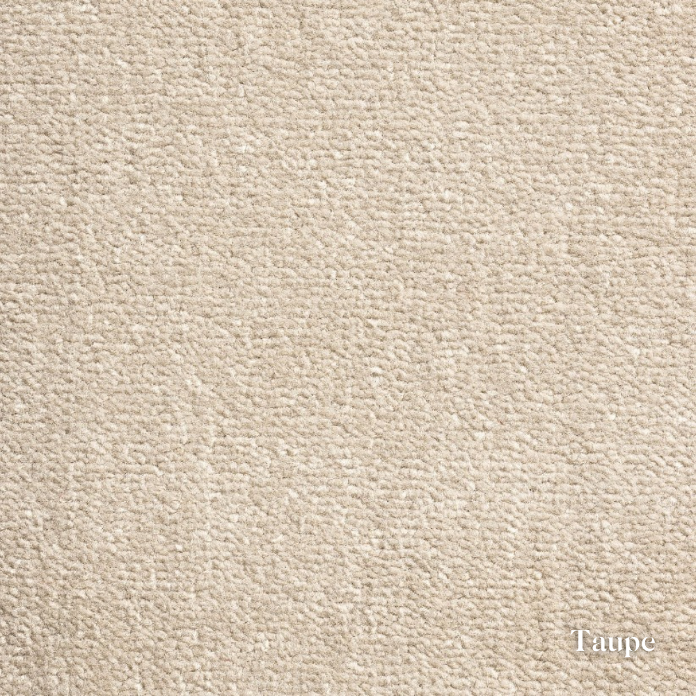 Close-up of beige textured fabric with 'Taupe' branding.