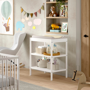 The Dino Baby Changing Table in White features a open shelves with European beech material, making it easily accessible for baby necessities