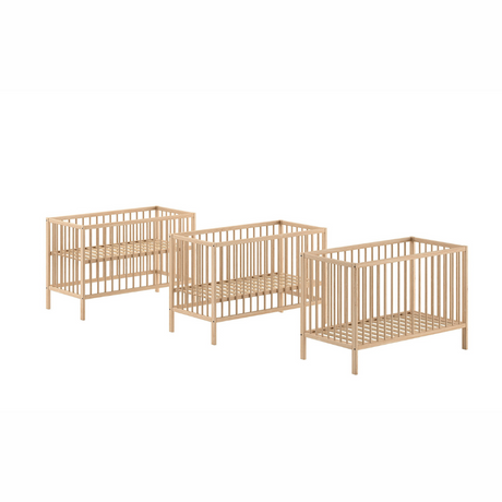 The Dino Baby Cot Bed 60 x 120cm in Natural features a European beech material, smooth lacquered finish and a 3 height adjustable slatted base