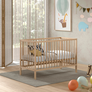 The Dino Baby Cot Bed 60 x 120cm in Natural features a European beech material, smooth lacquered finish and a 3 height adjustable slatted base