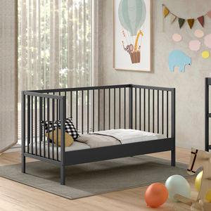 The Dino Baby Cot Bed 70 x 140cm in Anthracite features removable bars, 3 height adjustable slat base, European beech material and toddler bed conversion