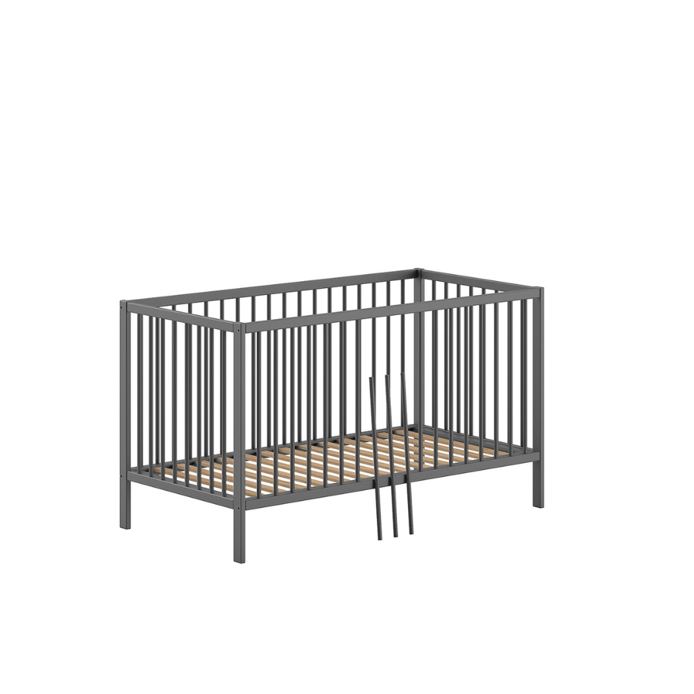 The Dino Baby Cot Bed 70 x 140cm in Anthracite features removable bars, 3 height adjustable slat base, European beech material and toddler bed conversion
