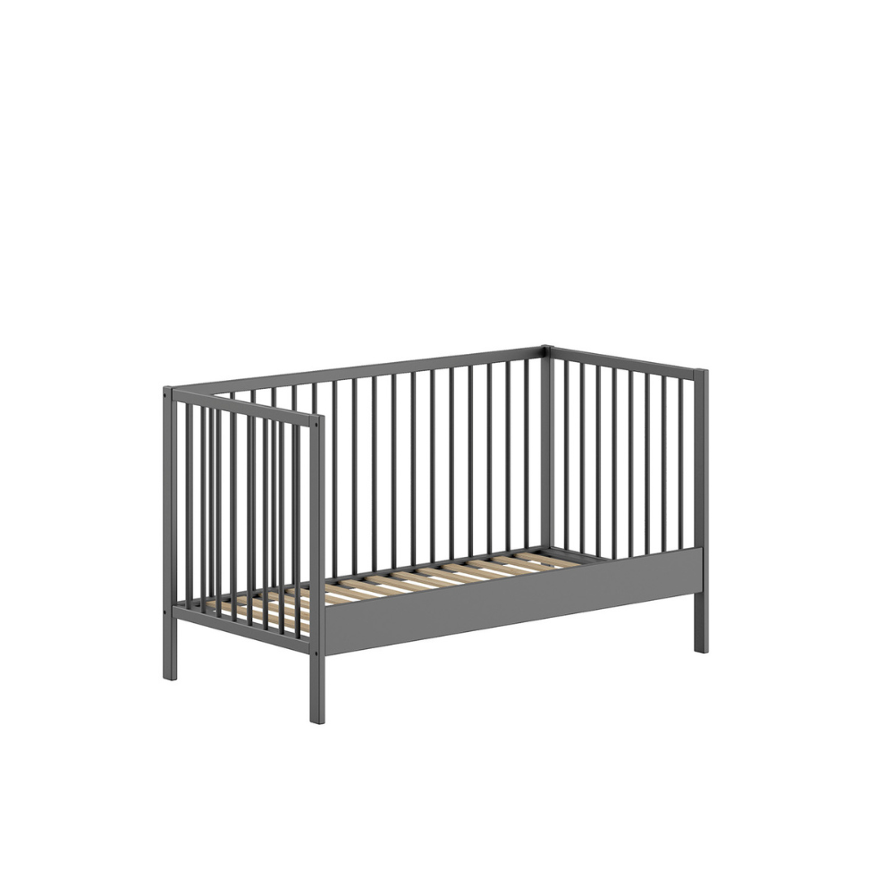 The Dino Baby Cot Bed 70 x 140cm in Anthracite features removable bars, 3 height adjustable slat base, European beech material and toddler bed conversion