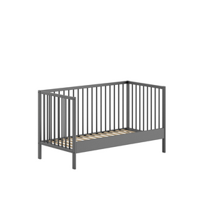 The Dino Baby Cot Bed 70 x 140cm in Anthracite features removable bars, 3 height adjustable slat base, European beech material and toddler bed conversion