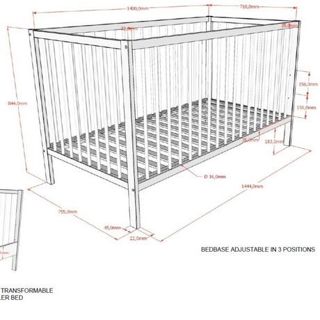 The Dino Baby Cot Bed 70 x 140cm in Natural features European beech material, 3 height adjustable slat base, removable bars and toddler bed conversion