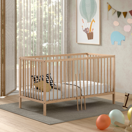 The Dino Baby Cot Bed 70 x 140cm in Natural features European beech material, 3 height adjustable slat base, removable bars and toddler bed conversion