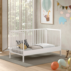 The Dino Baby Cot Bed 70 x 140cm in White features 3 height adjustable slat base, European beech material, removable bars and toddler bed conversion