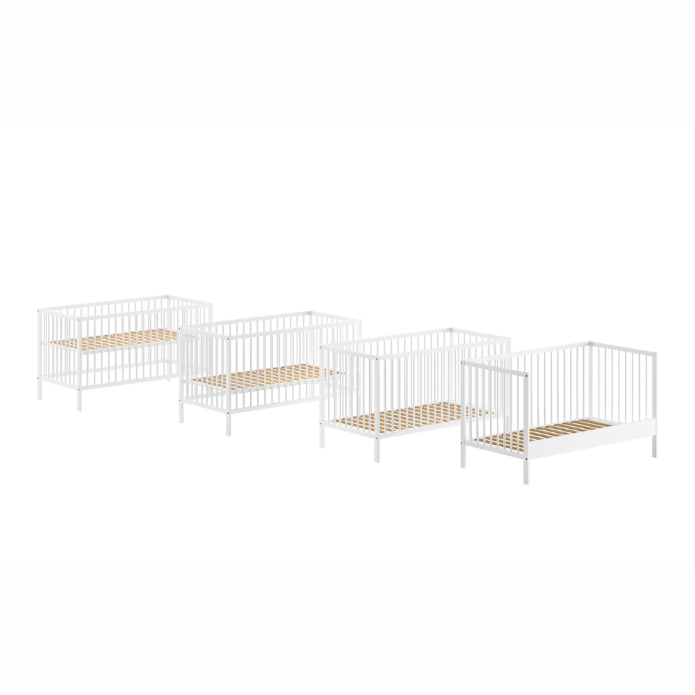 The Dino Baby Cot Bed 70 x 140cm in White features 3 height adjustable slat base, European beech material, removable bars and toddler bed conversion