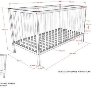 The Dino Baby Cot Bed 70 x 140cm in White features 3 height adjustable slat base, European beech material, removable bars and toddler bed conversion