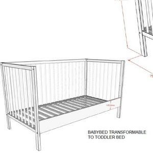 The Dino Baby Cot Bed 70 x 140cm in White features 3 height adjustable slat base, European beech material, removable bars and toddler bed conversion