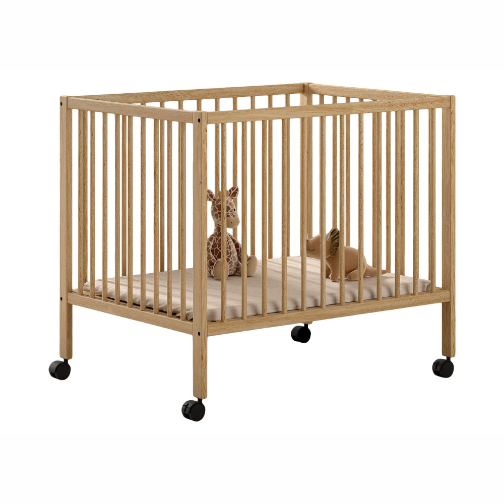 The Dino Baby Playpen 95 x 75cm in Natural features a 3 height adjustable slat base & removeable wheels, a convertible baby & toddler bed for growing needs