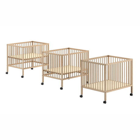 The Dino Baby Playpen 95 x 75cm in Natural features a 3 height adjustable slat base & removeable wheels, a convertible baby & toddler bed for growing needs