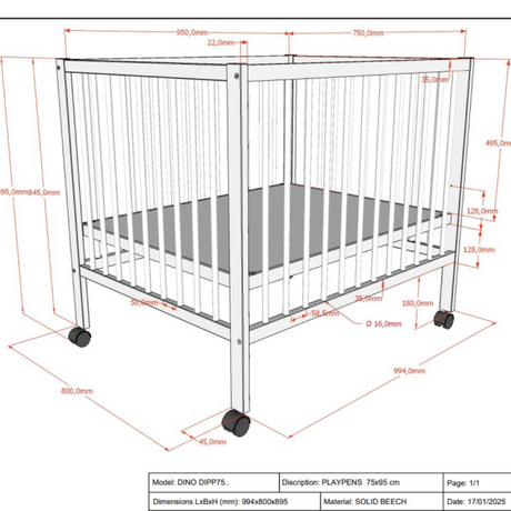 The Dino Baby Playpen 95 x 75cm in Natural features a 3 height adjustable slat base & removeable wheels, a convertible baby & toddler bed for growing needs