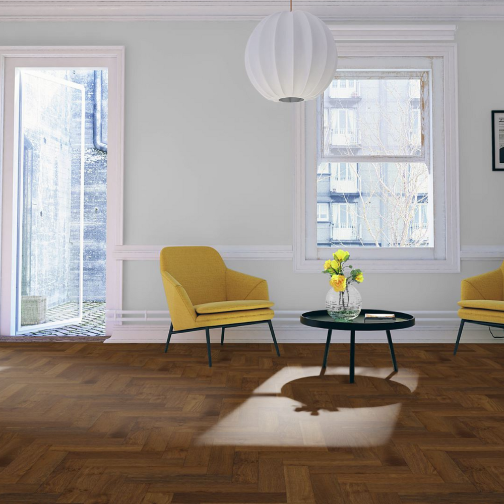 The Double Smoked Oak Herringbone Engineered Flooring - 15mm features deep smoked tones, rich grain detail and durable multi layer stability