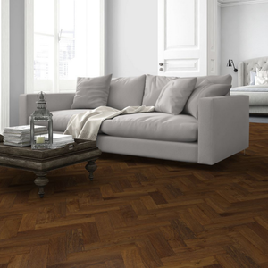 The Double Smoked Oak Herringbone Engineered Flooring - 15mm features deep smoked tones, rich grain detail and durable multi layer stability