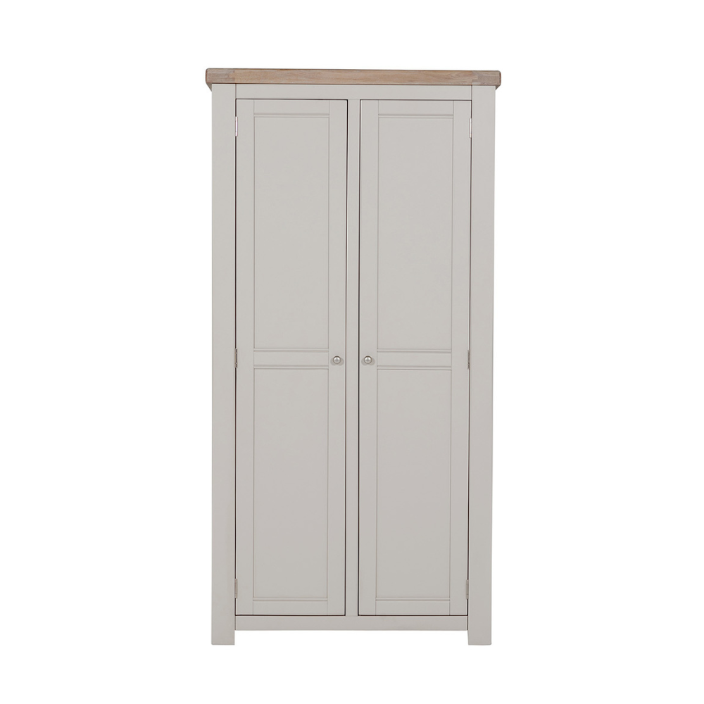 The Doune 2-Door Wardrobe in Taupe features oak veneer top, spacious hanging rail, and sleek metal handles.